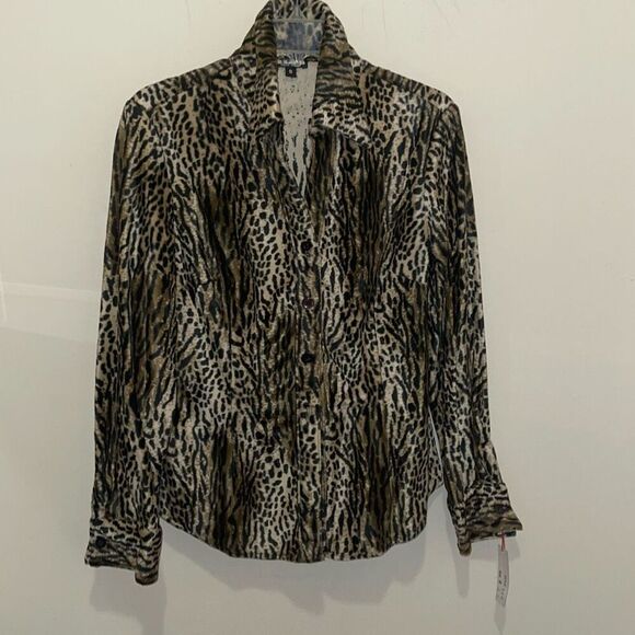 Vintage 90s Epic New York button down blouse fur velour cheetah print size 8 - Picture 1 of 12